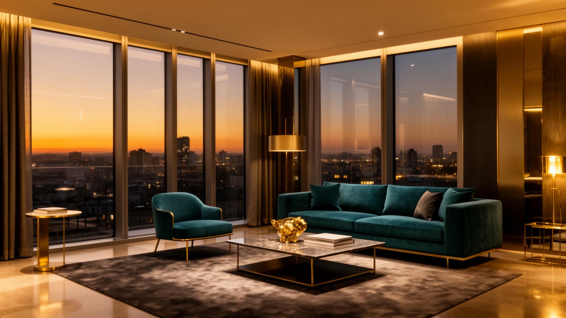 Luxury serviced apartment interior at dusk with city view